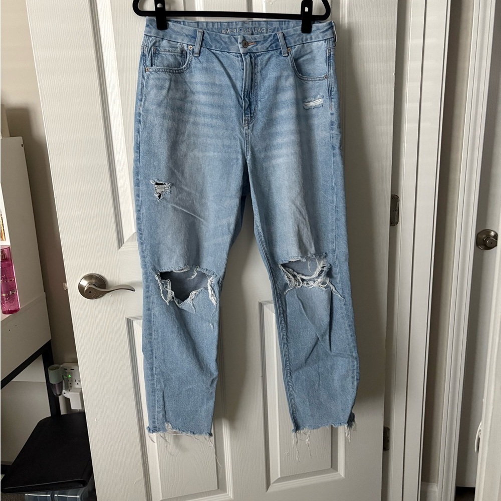 AE light wash distressed Strigid Curvy Mom Jeans